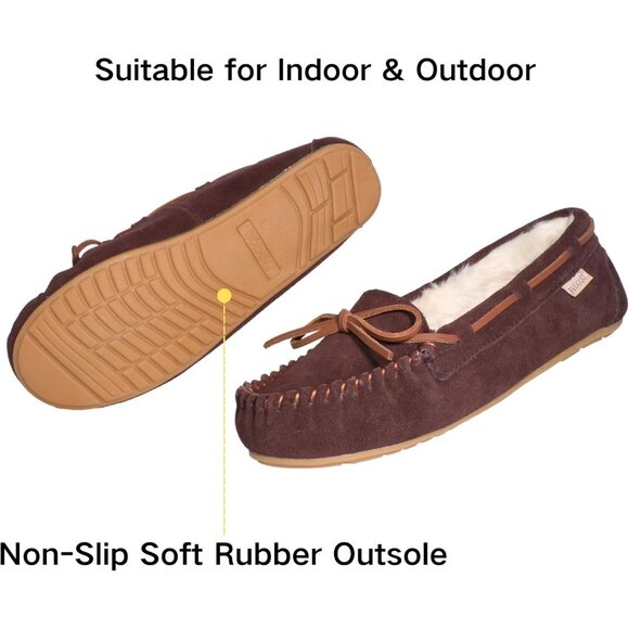 Women's Dark Brown Leather Faux Fur Pile lace Up Cozy Bow Warm Slippers Shoes - Picture 3 of 5